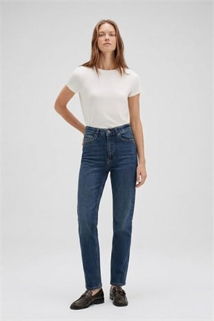 Dikişsiz Paça Mom Fit Kot Pantolon 764 Koyu Mavi Kot