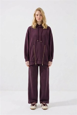 Nuss 1072 Çift Fermuar Detaylı Pantolonlu Takım Mürdüm