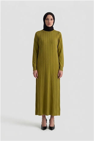 Armine Trend 25KTD901 Kendinden Şerit Detay Elbise Yağ Yeşili