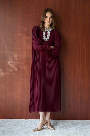 Melike Tatar 2659 Taş Detay Şık Elbise - Bordo