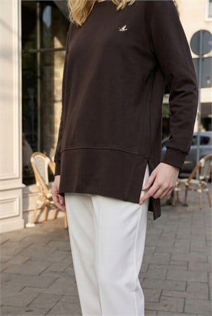 Yaka Kuş Nakış İşlemeli Tunik 1000-1 Kahve