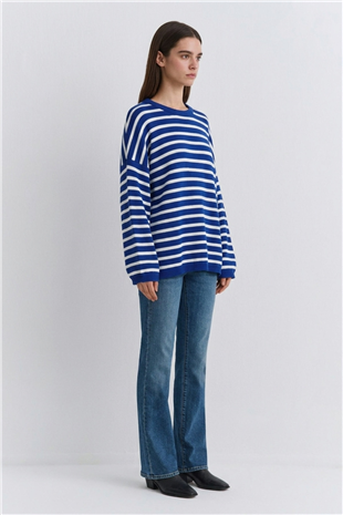 Çizgili Tunik 146049 Saks - Beyaz