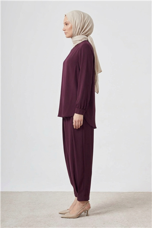 Nuss 1071 Pile Detay Pantolonlu Takım Mürdüm