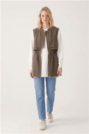 Ön Yarım Pat Detay Yelek 11284 Haki