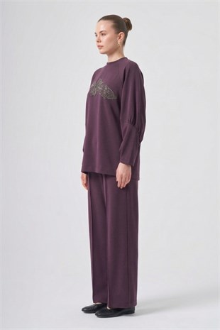 Nuss 1077 Çiçeği Boncuk İşlemeli Pantolonlu Takım Mürdüm