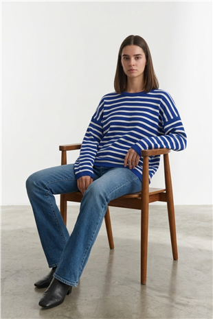 Çizgili Tunik 146049 Saks - Beyaz