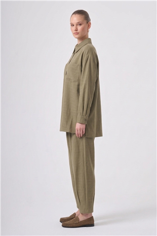 Nuss 1092 Çift Cep Detay Kendinden Desenli Takım Olive