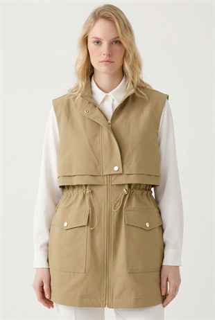 Ön Yarım Pat Detay Yelek 11284 Camel