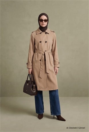 Armine Trend 26KT728 Araboy Çift Düğme Detay Trenç Camel