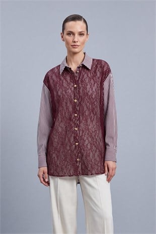 Çizgili Dantel Detaylı Tunik 10787 Burgundy Tunik PUANE 