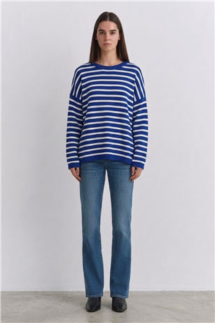 Çizgili Tunik 146049 Saks - Beyaz