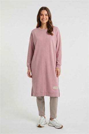 Etiket Detaylı Oversize Uzun  S-Shırt 0036324 Koyu Pudra