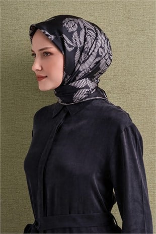 Armine 9645 Büyük Çiçekli Saf İpek Twill Eşarp Siyah