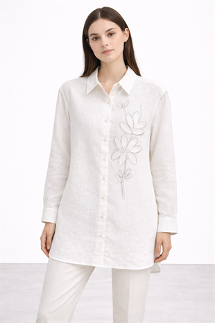 Fuat Gürşen 5364 Çiçeği Kabartmalı Tunik - Ekru