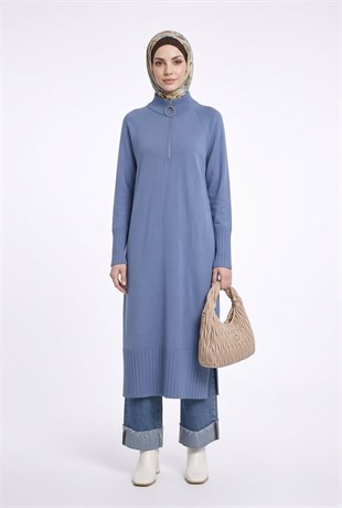 Armine Trend 26KAD405 Fermuar Detaylı Etek Ucu Bölmeli Tunik Mavi