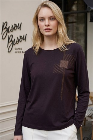 Bir Yanı Taş Baskılı Anne Bluzu 27129 Kahve