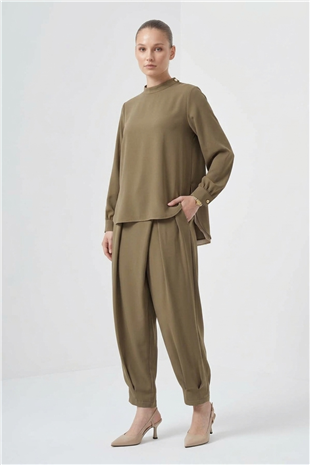 Nuss 1071 Pile Detay Pantolonlu Takım Olive