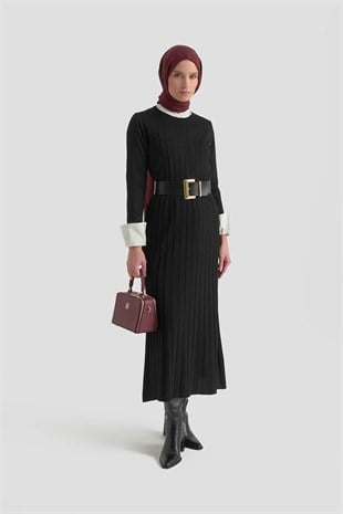 Armine Trend 25KTD901 Kendinden Şerit Detay Elbise Siyah