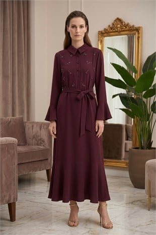 Trenç 3801 Boncuk İşlemeli Elbise Mürdüm Elbise TRENÇ 