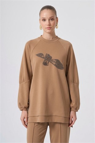 Nuss 1077 Çiçeği Boncuk İşlemeli Pantolonlu Takım Camel