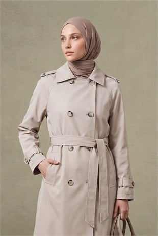 Armine Trend 26KT728 Araboy Çift Düğme Detay Trenç Taş