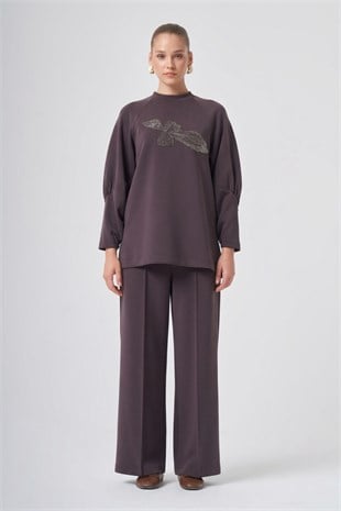 Nuss 1077 Çiçeği Boncuk İşlemeli Pantolonlu Takım Kahve
