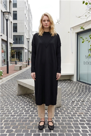 Ön V Detay Uzun Tunik 35326 Siyah Tunik Miss Knit 