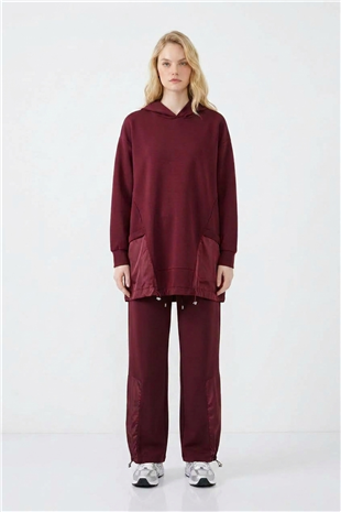 Kapüşon Detaylı Pantolonlu Takım 14539 Burgundy Takım PUANE 