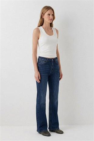 İspanyol Mom Fit Pantolon 1706 Koyu Mavi Kot