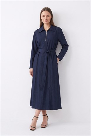 Yarım Fermuar Detay Kemerli Elbise 32518 F.Navy