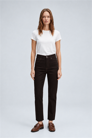 Dikişsiz Paça Mom Fit Kot Pantolon 764 Kahve