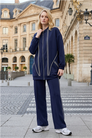 Dikiş Detaylı Pantololonlu Takım 14526 F.Navy