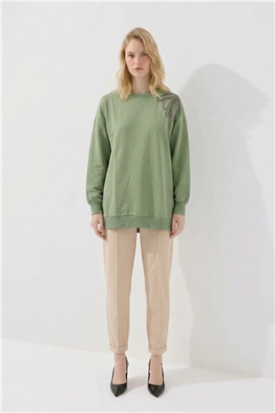 Tek Omuz İşlemeli İnce Sweat Tunik 3494 Mint Yeşili Tunik Ekrutex 