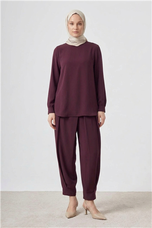 Nuss 1071 Pile Detay Pantolonlu Takım Mürdüm