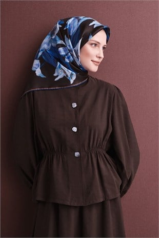Armine 9620 Zambak Desen Saf İpek Twill Eşarp Kahve - Mavi