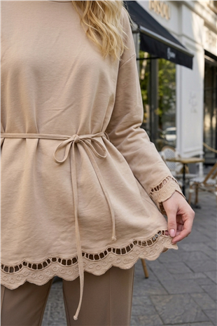 Nakış Detaylı Tunik 32570 Koyu Bej
