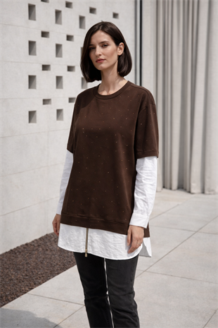 Taş Baskılı Etek Ucu Fermuarlı Tunik 10761 - Browni