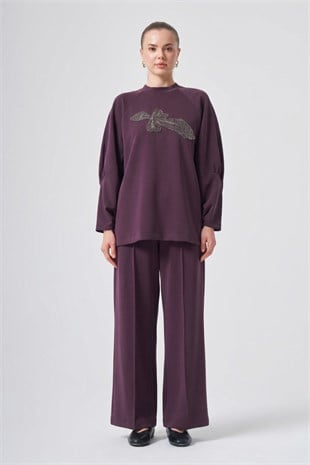 Nuss 1077 Çiçeği Boncuk İşlemeli Pantolonlu Takım Mürdüm