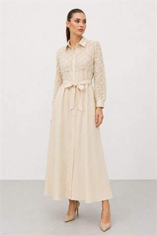 Fuat Gürşen 5111 Brode Detay İşlemeli Elbise - Bej