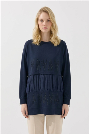 Dik Taş Baskılı Tunik 10825 F.Navy Tunik PUANE 