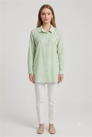 Omuzu Boncuk Detaylı Tunik 10794 - Mint Yeşili