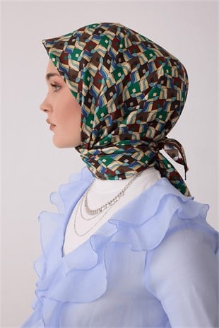 Belli 4402 Prizma Kafes Geometrik %100 Twill İpek Eşarp Acı Kahve