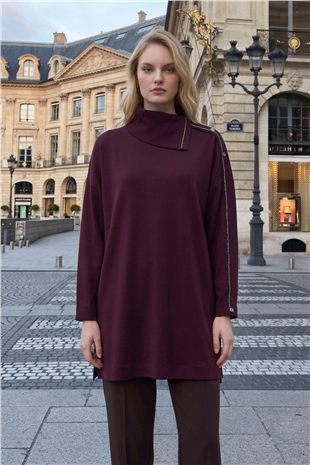 Avenna 26KA411 Yakası Triko Garnili Tunik Bordo