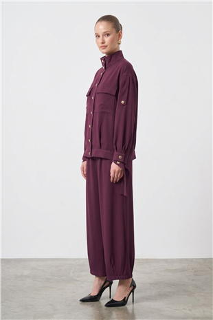 Nuss 1083 Yan Bağcık Detaylı Pantolonlu Takım Mürdüm