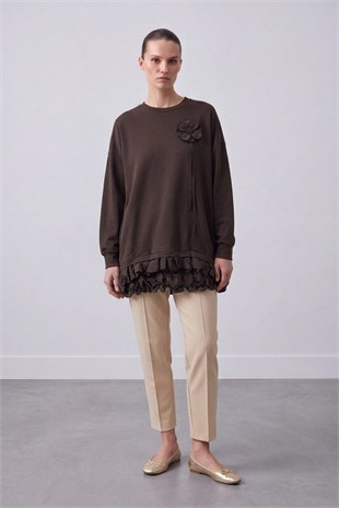 Yaka Çiçek Aplikeli Tunik 10815 Browni