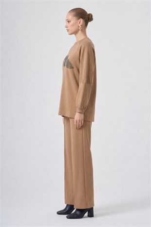Nuss 1077 Çiçeği Boncuk İşlemeli Pantolonlu Takım Camel