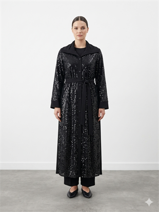 Fuat Gürşen 5114 Nakışları Boncuk İşlemeli Düğmeli Kap - Siyah