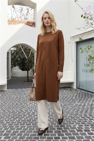 Ön Çiçek Baskılı Tunik 36231 Taba