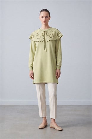 Yakası Güpür Detaylı Tunik 10820 Olive