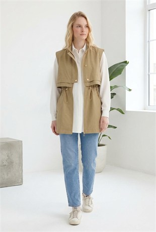 Ön Yarım Pat Detay Yelek 11284 Camel